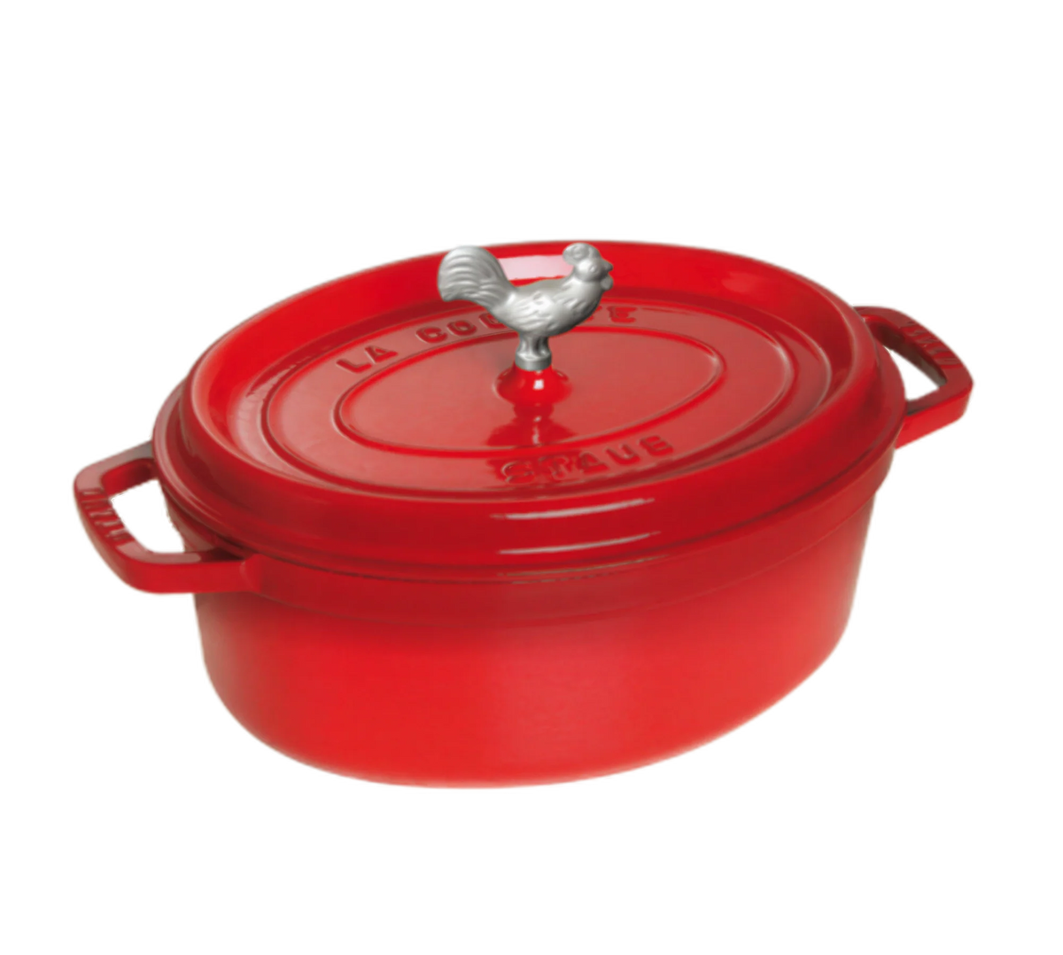 Red enameled oval cast-iron Dutch oven with lid, rooster knob, and two side handles