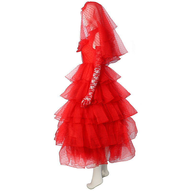 Red tulle ruffle wedding-style costume dress with tiered skirt and mesh veil