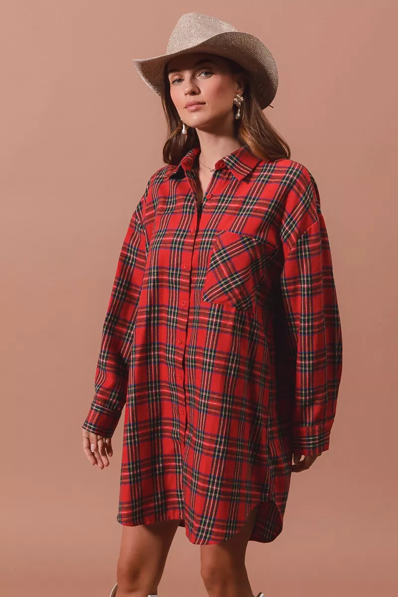Red plaid button-up shirt dress with collar, long sleeves, three-quarter view