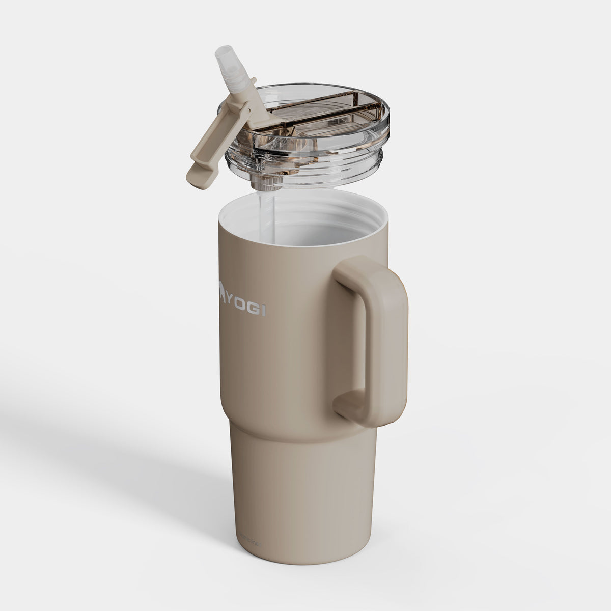 Ceramic-lined tumbler with open clear lid and straw tube, side handle