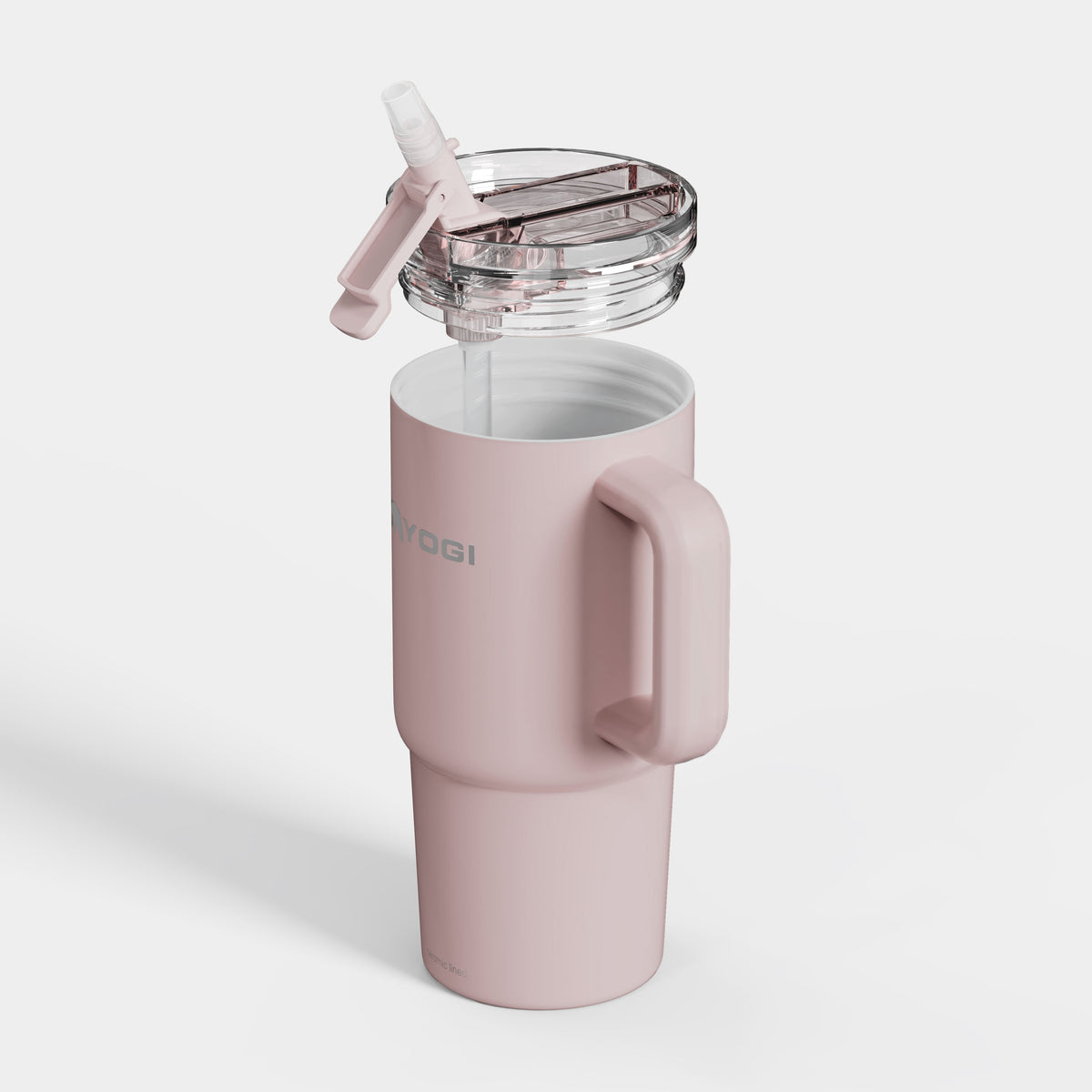 Ceramic-lined tumbler in pale pink with handle and open clear lid, shown from side.