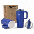 Blue ceramic-lined tumbler with handle, clear lid; comes with bottle and box set