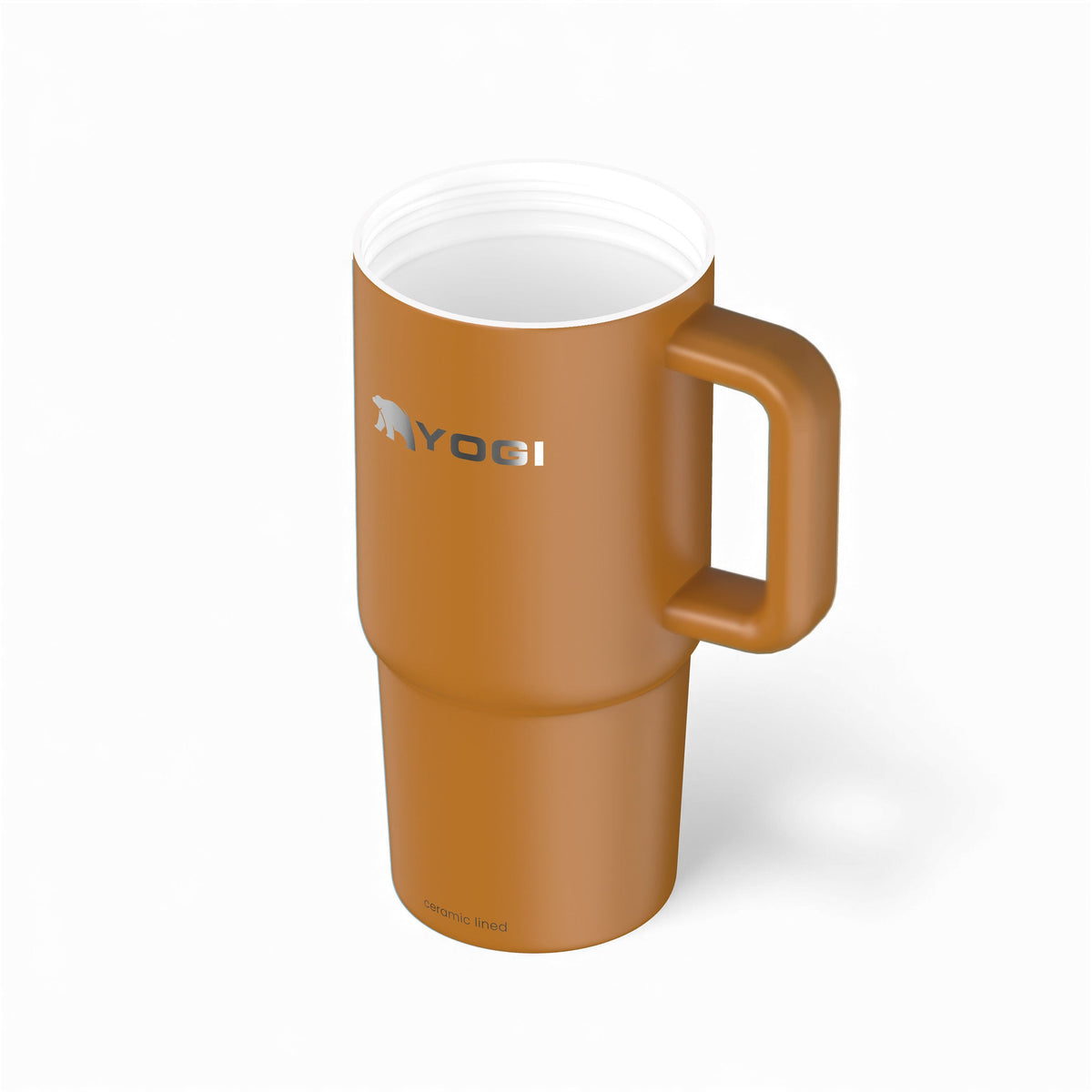 Amberwood tumbler with handle and white interior rim, angled view