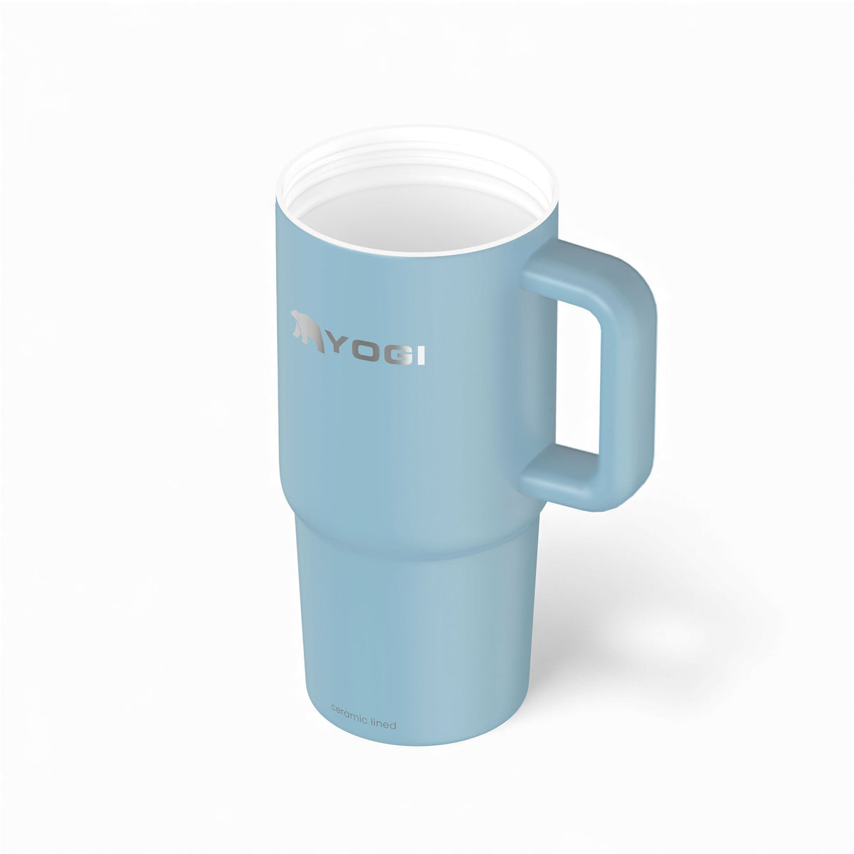 Ceramic-lined Evolution tumbler in light blue with side handle and drinking spout