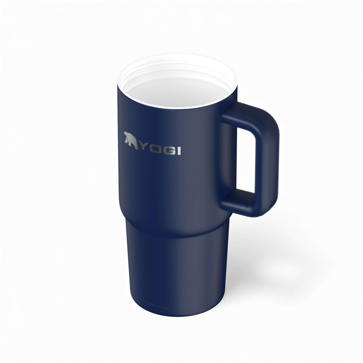 Ceramic-lined evolution tumbler in dark indigo, handle and white rim lid