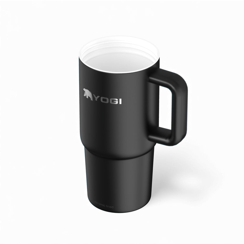 Ceramic-lined evolution tumbler in black with side handle and open drinking lid