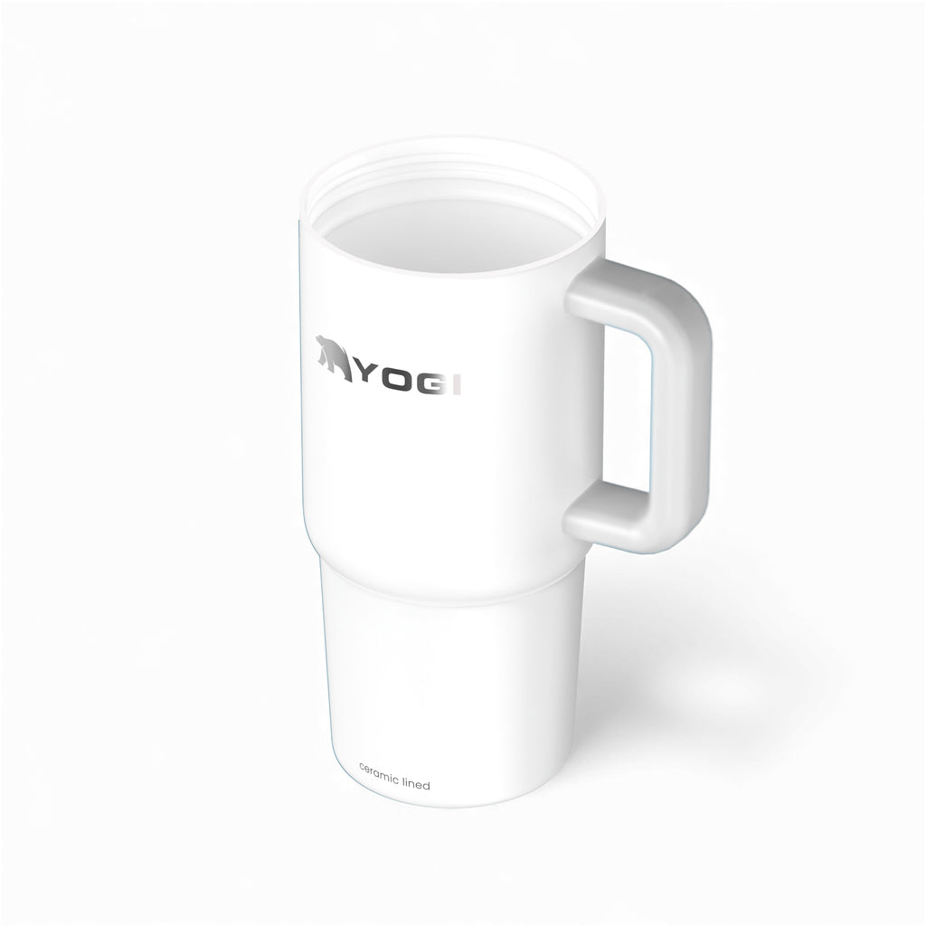 White ceramic-lined evolution tumbler with handle and round lid, YOGI logo