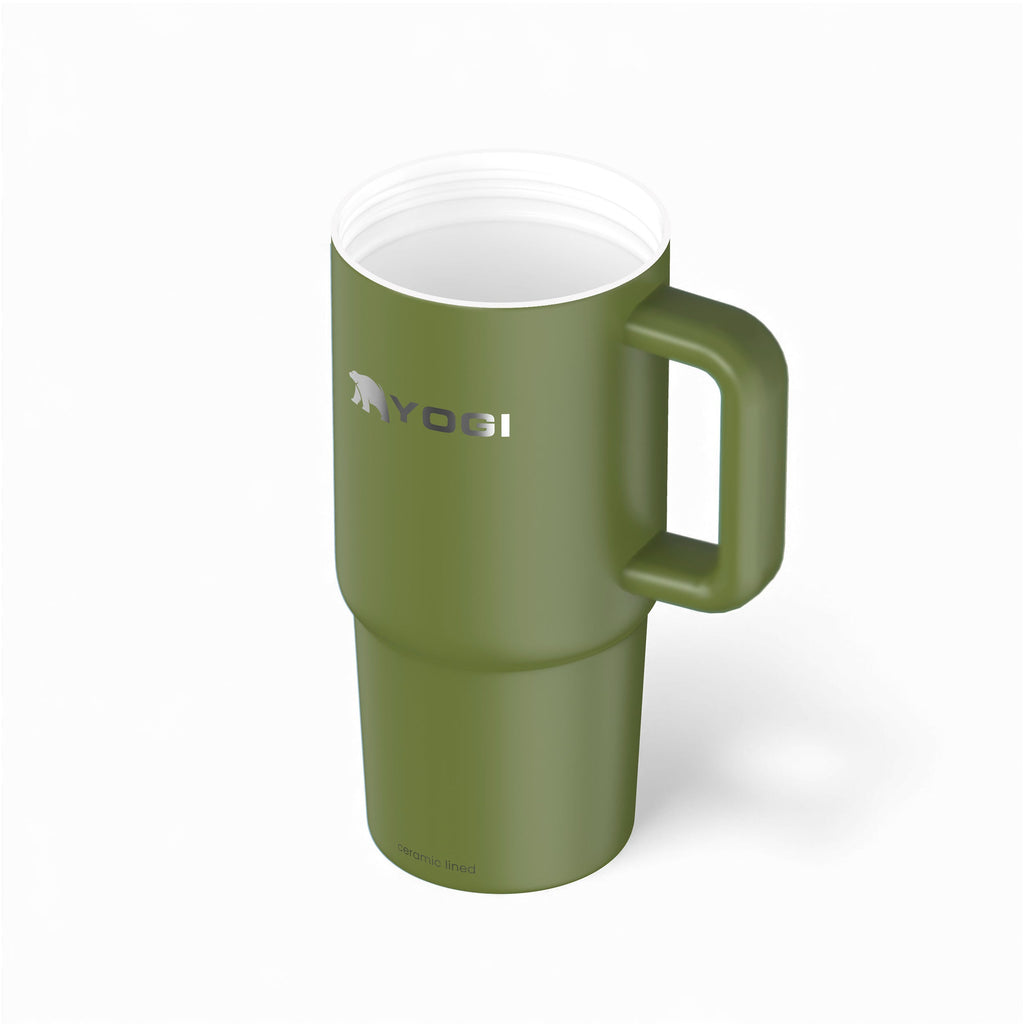 Ceramic-lined evolution tumbler in dark green with open top and side carrying handle