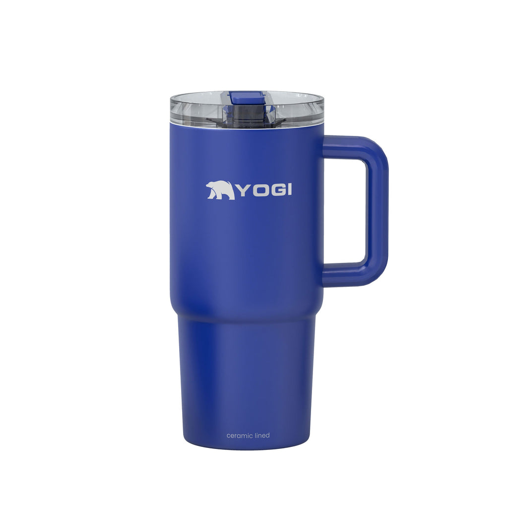 Blue ceramic-lined tumbler with clear lid and handle; front view with base text