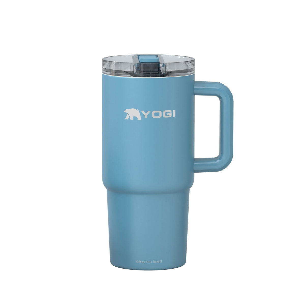 Ceramic-lined evolution tumbler in teal blue with clear lid and carrying handle