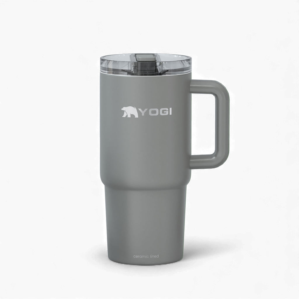 Slate gray ceramic-lined Evolution tumbler with clear lid and side handle.