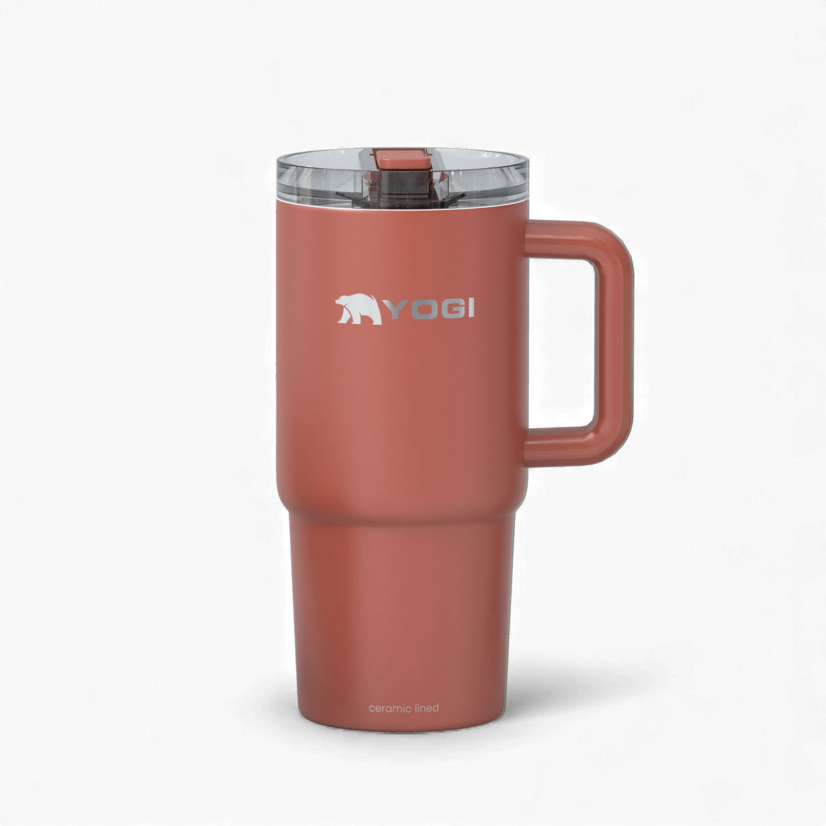 Ceramic-lined tumbler in terracotta with clear lid and side handle