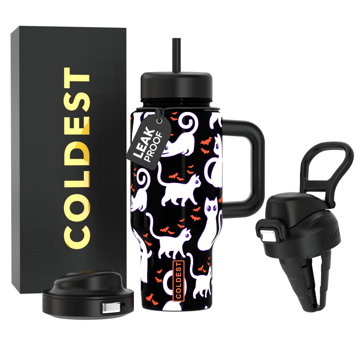 24oz insulated tumbler with straw lid, black with white cat pattern, handle sleeve