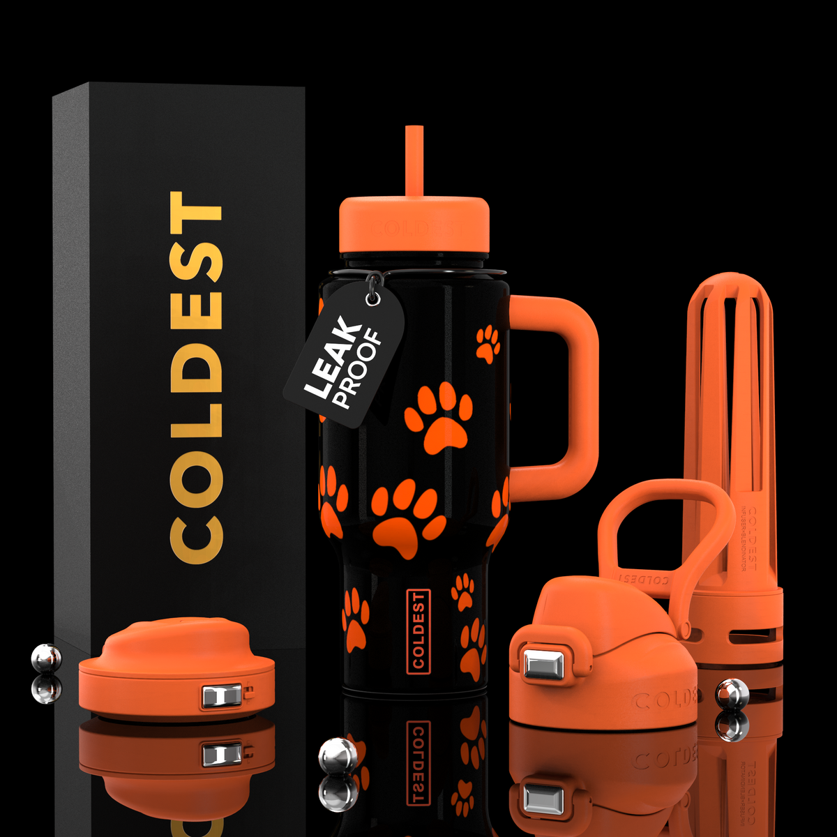 24oz insulated tumbler with straw lid, black with orange paw print graphic, handle sleeve