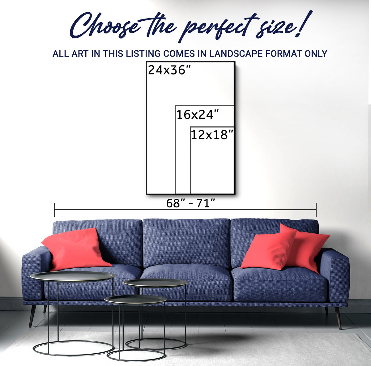 Landscape wall art size chart for bell canvas, with height and width options