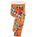Autumn leaves check ribbon, white/black plaid with orange leaf and green accents
