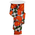 2.5-inch pumpkin leaf check ribbon on white spool; cream base with orange pumpkins