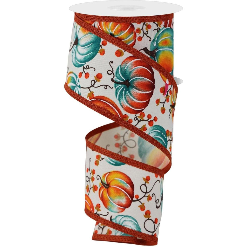 Ivory printed ribbon roll with pumpkin floral pattern, teal and orange accents