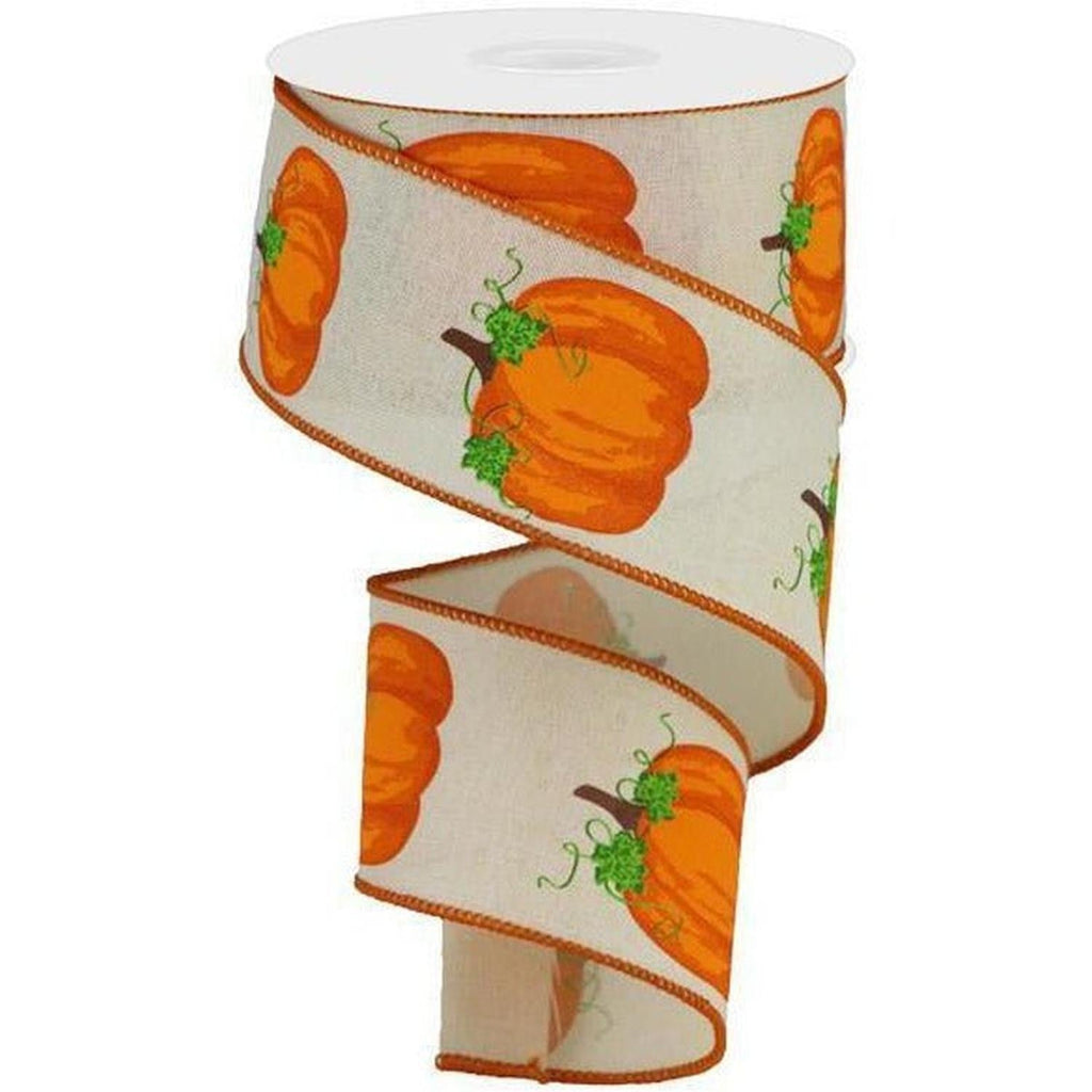 Cream ribbon with orange pumpkins and green vine accents, stitched border