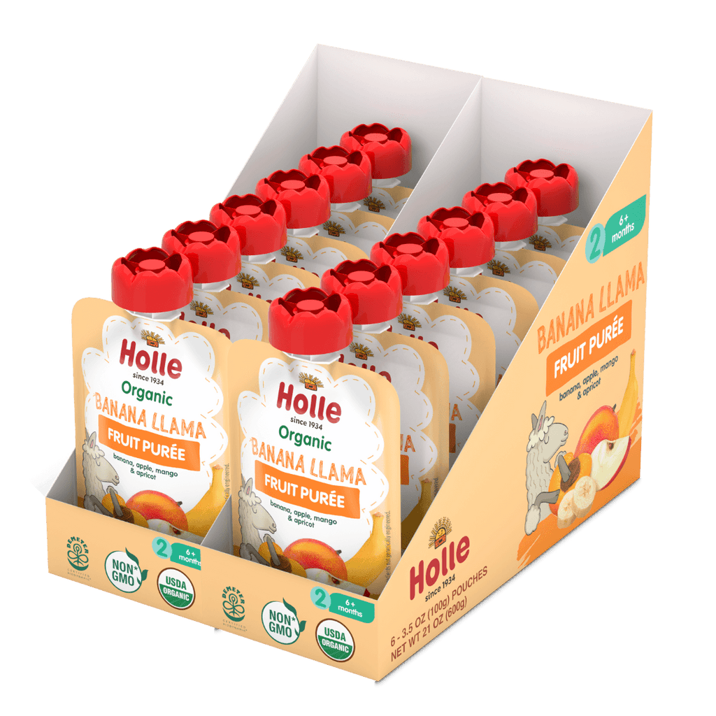 Holle Organic Banana Llama fruit purée pouches in display box