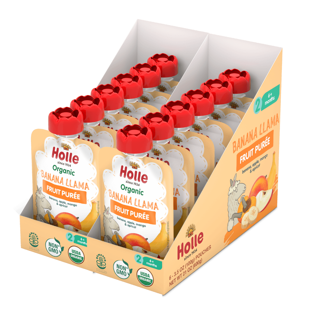 Holle Organic Banana Llama fruit purée pouches in display box