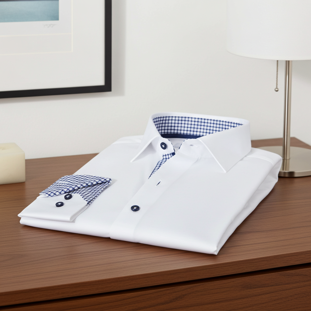 White button-up shirt with blue check collar, matching pocket trim, and dark buttons