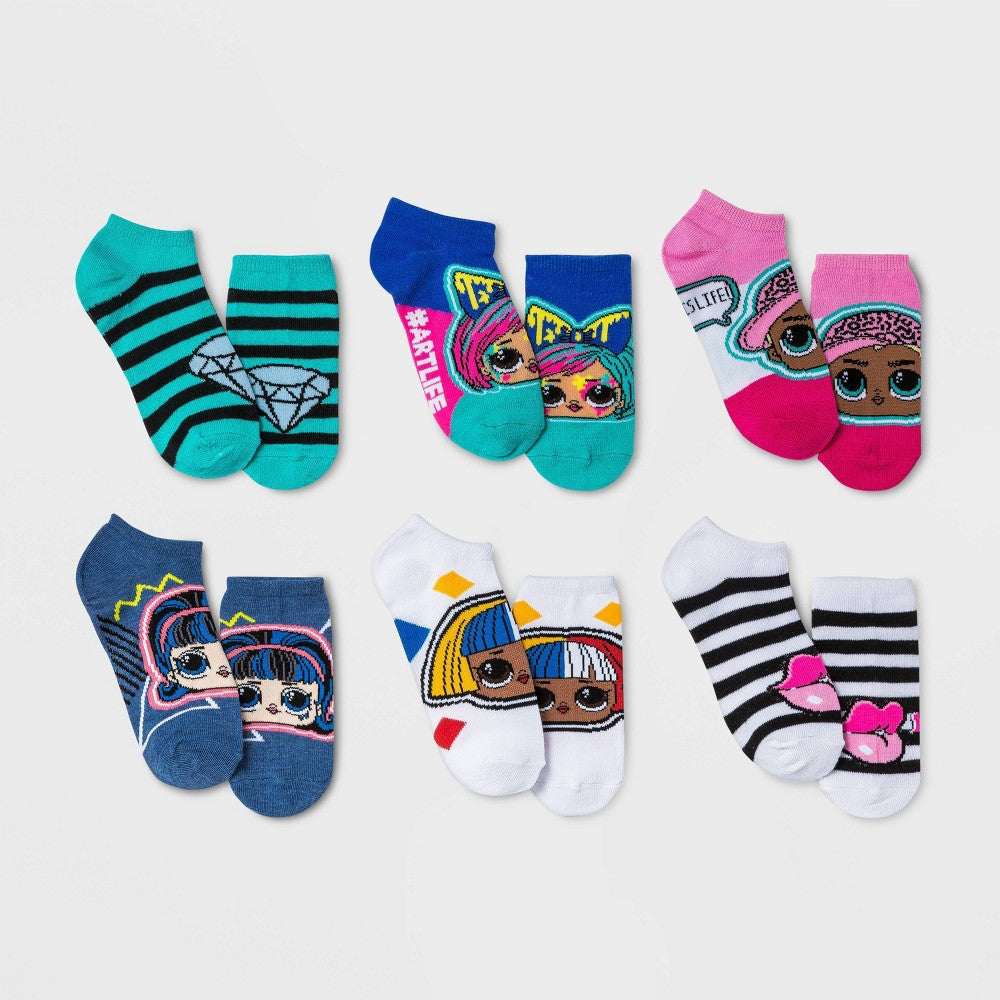 Kids L.O.L. Surprise! 6-pack socks: multicolor character prints, three pairs shown
