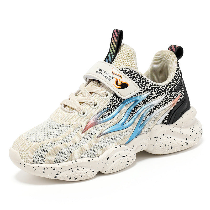 Beige mesh boys sneakers with blue side stripe and speckled, cushioned sole