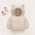Beige baby hooded padded jacket with bear-ear hood and front zipper