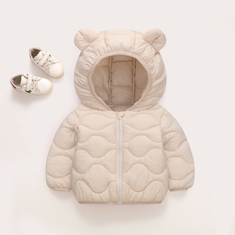 Beige baby hooded padded jacket with bear-ear hood and front zipper