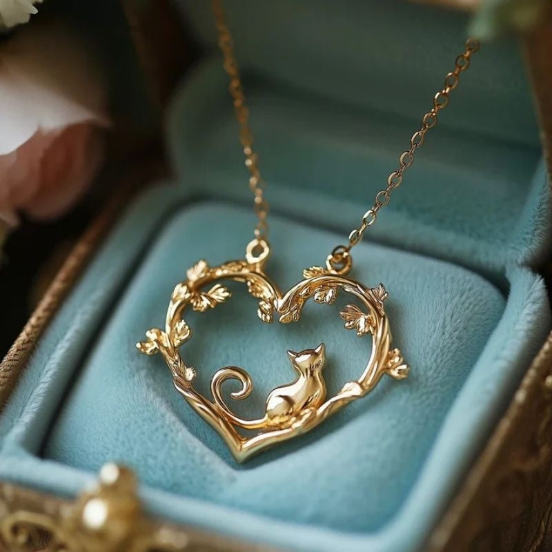 Gold cat-shaped heart pendant necklace with ornate floral heart frame