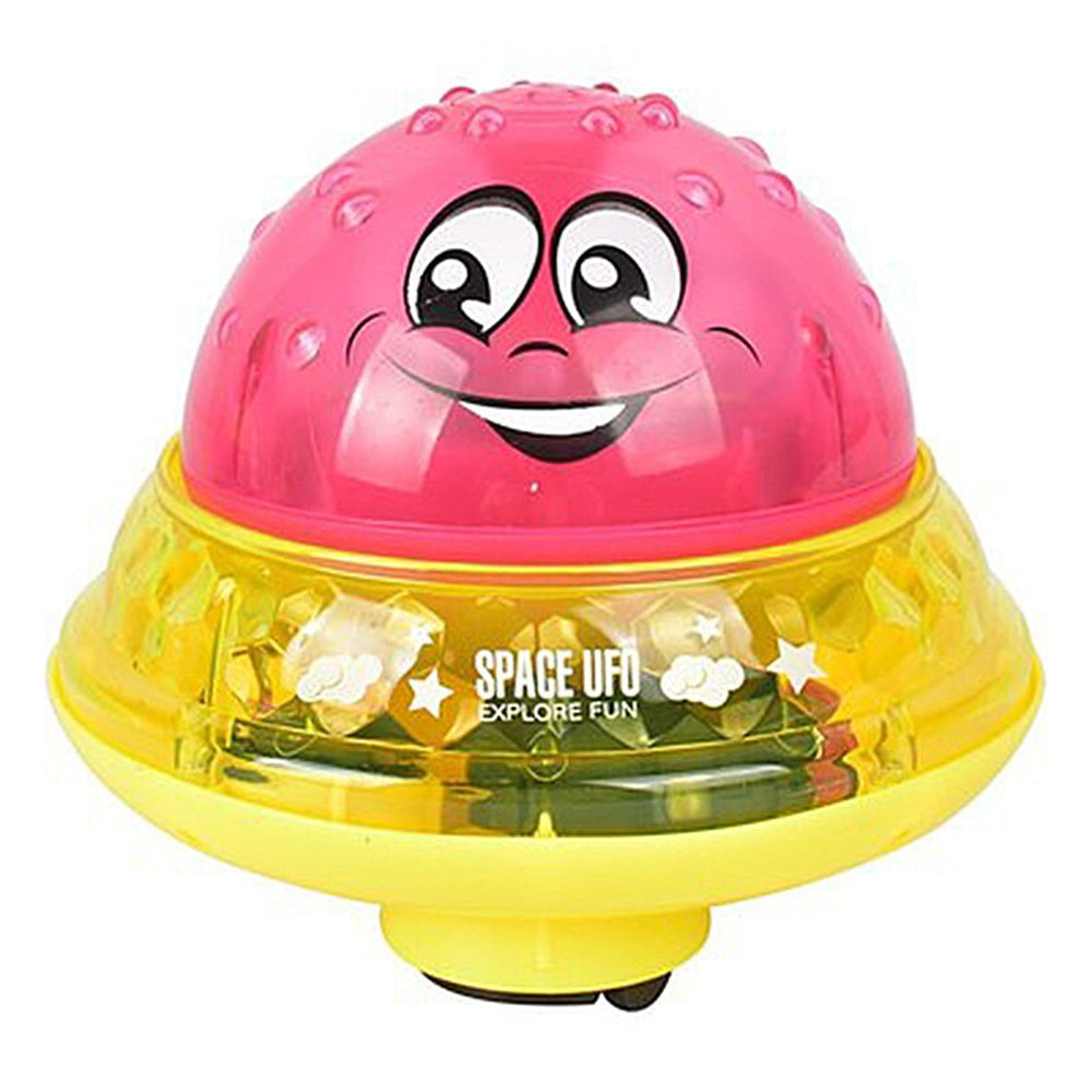 Pink and yellow smiling UFO water sprinkler toy with clear dome and base