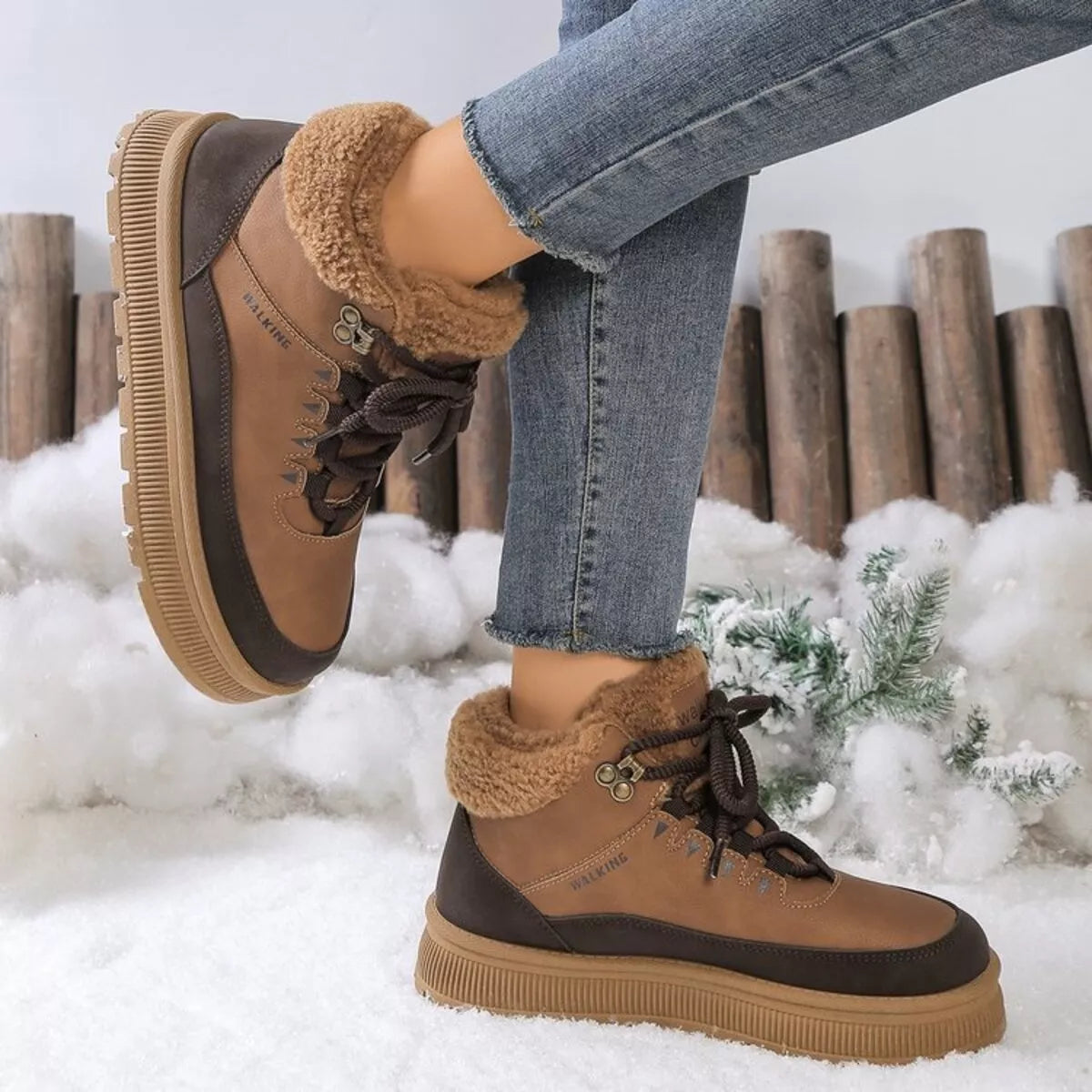 Caramel lace-up platform ankle boots with dark brown panels and fuzzy cuff collar