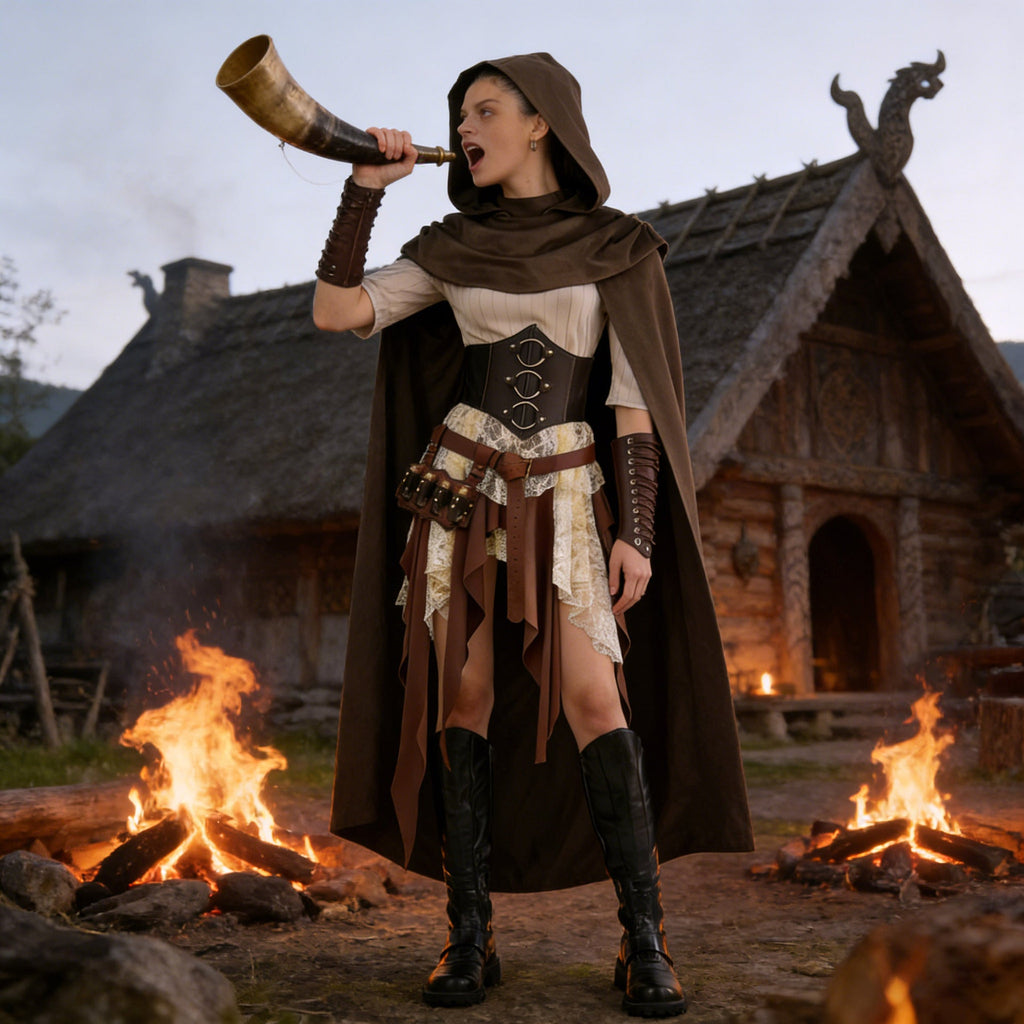 Medieval warrior costume with hooded cloak, corset bodice, layered skirt, and tall lace boots