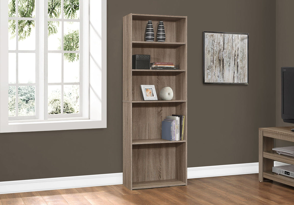 6-tier bookcase with open shelves, light brown wood finish