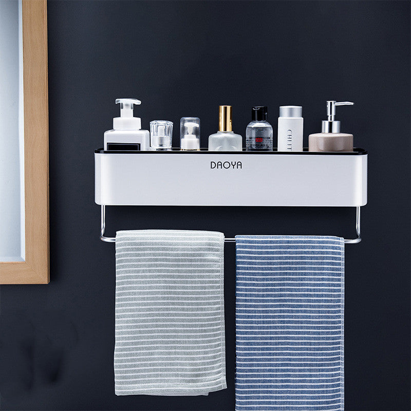 Wall-mounted bathroom shelf with two tiers, white shelves and striped hand towels
