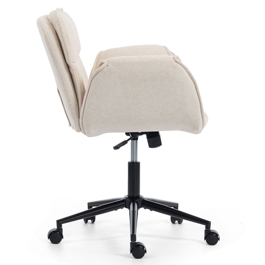 Beige padded swivel office chair with armrest wing design and caster wheels