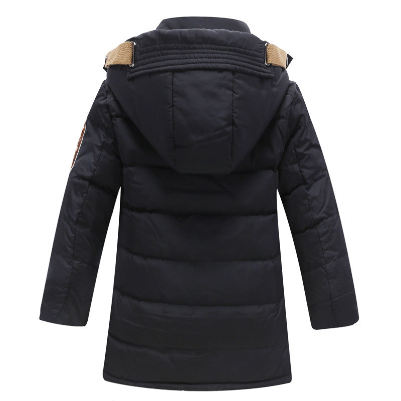 Children's winter puffer jacket, black, hooded back view with elastic cuffs