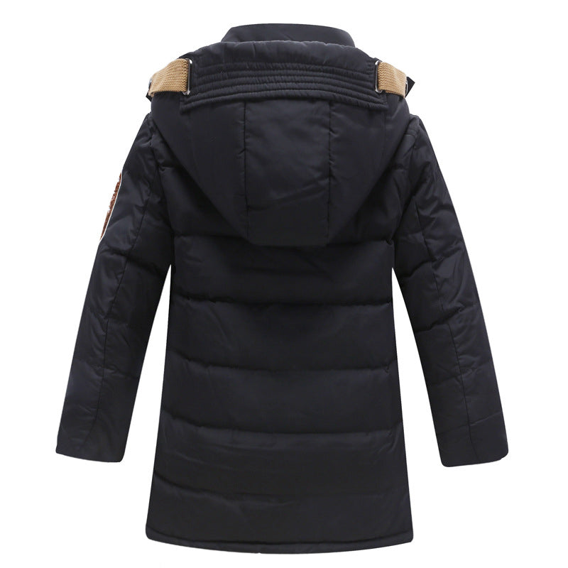 Kids winter puffer jacket in black, back view with attached hood and quilted insulation
