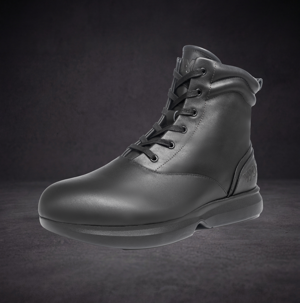 WOA lace-up ankle boot side profile with smooth leather upper and low sole