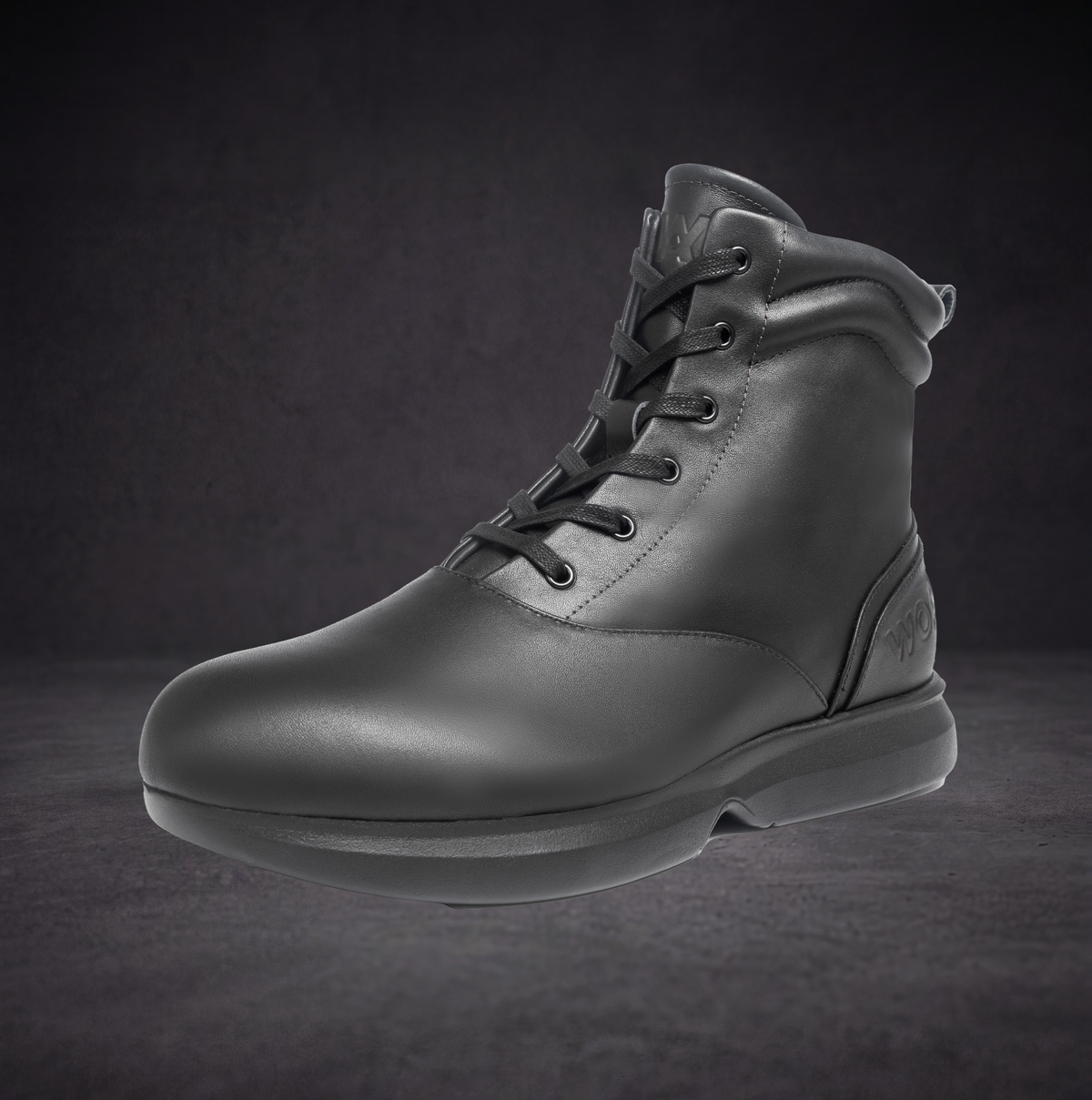 WOA lace-up ankle boot side profile with smooth leather upper and low sole