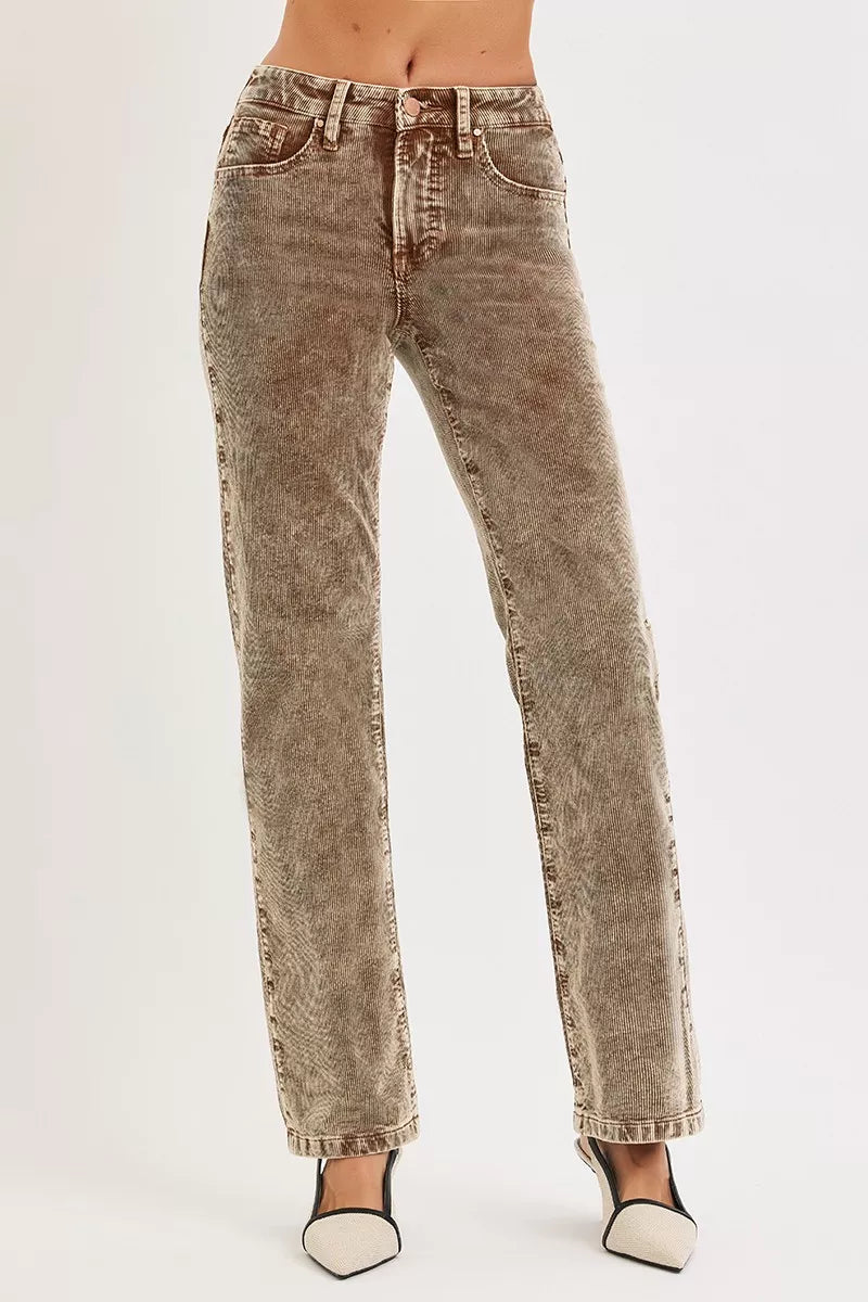 Mocha corduroy straight-leg pants showing front pockets and belt loops