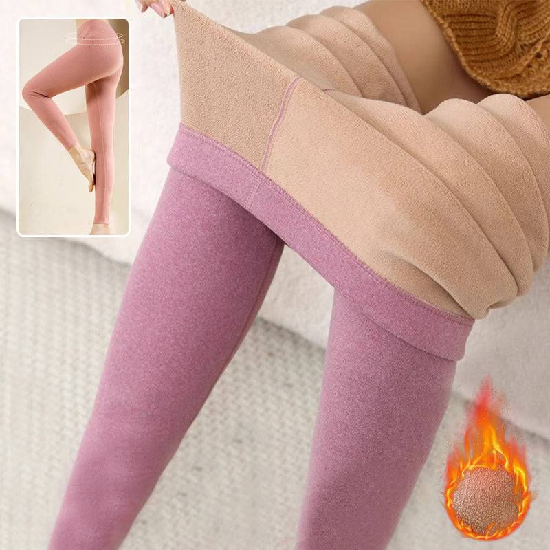 Mauve-purple cashmere leggings with wide elastic waistband and slim tapered legs