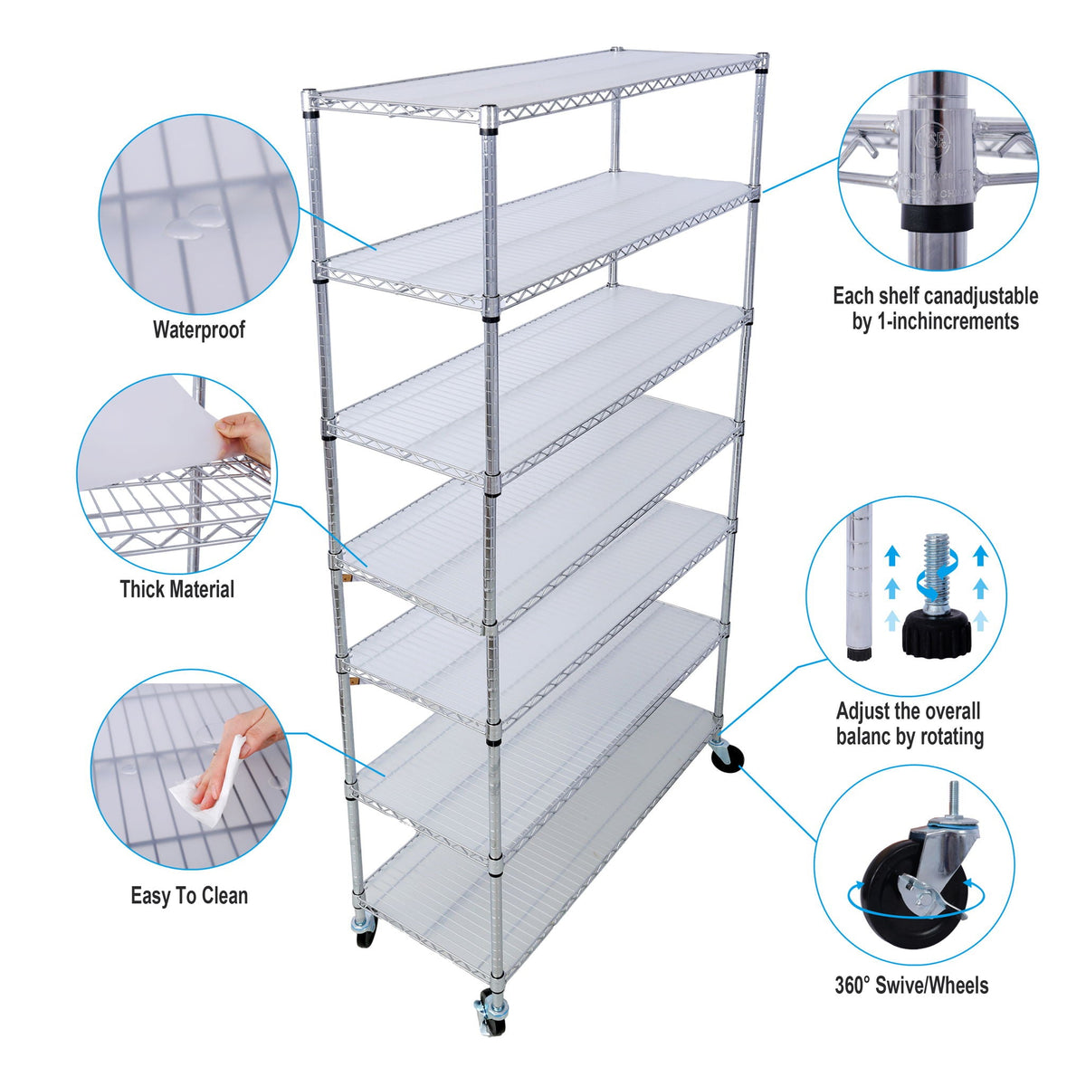 7-tier wire shelving unit with wheels and white shelf liners, adjustable metal rack