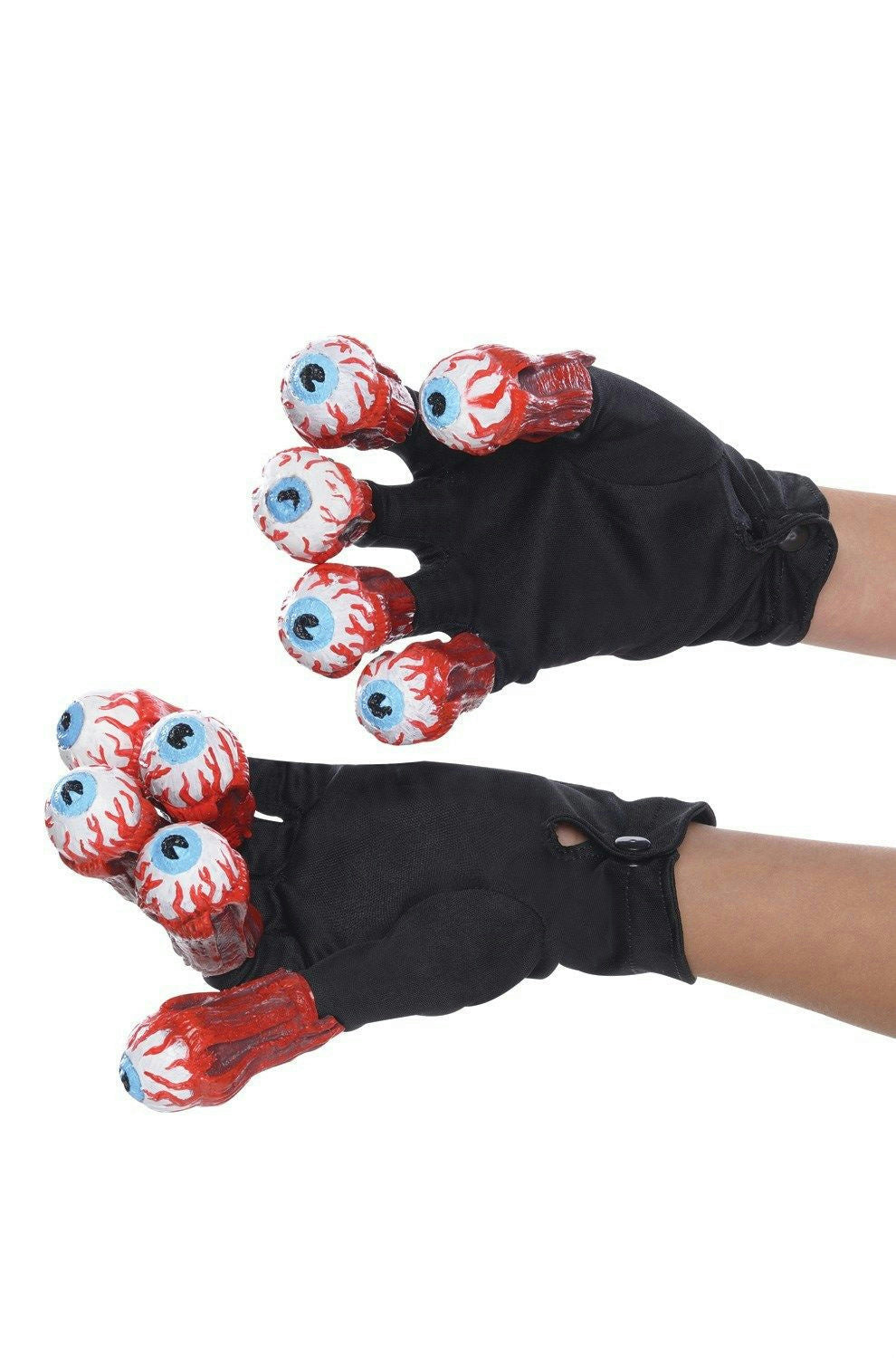 Adult Halloween gloves with black fabric and red white eyeball finger tips