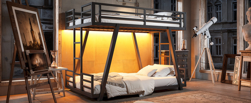 Black metal twin-over-twin bunk bed with guardrails, side ladders and angled support legs