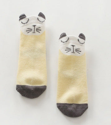 Kids cotton ankle socks, yellow with gray cat face and dark gray cuffs