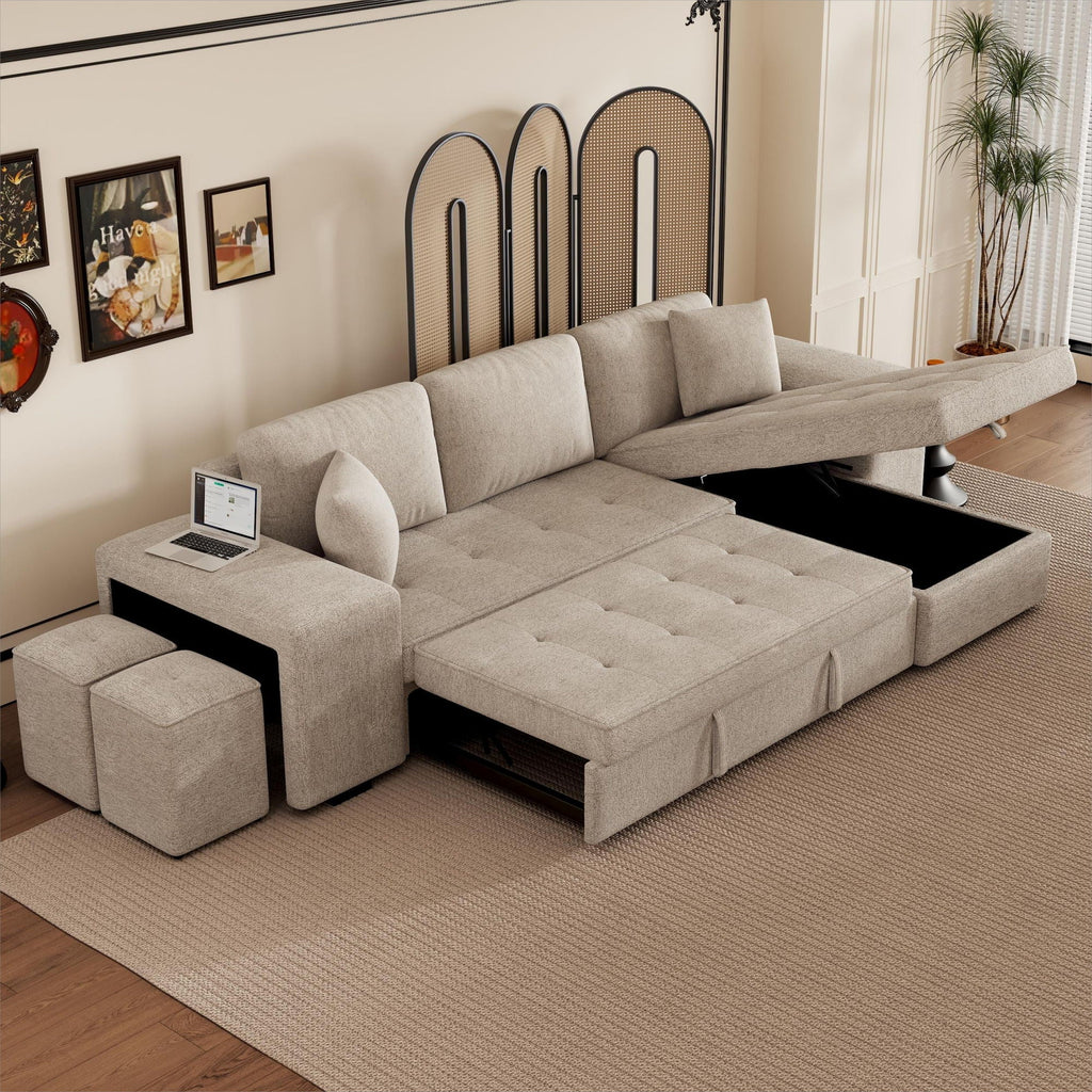 Beige reversible L-shape sleeper sectional sofa with pull-out bed and storage chaise