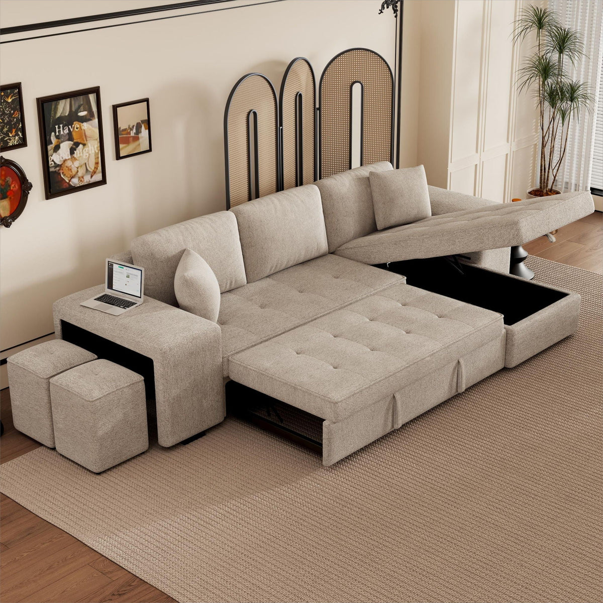 Beige reversible L-shape sleeper sectional sofa with pull-out bed and storage chaise