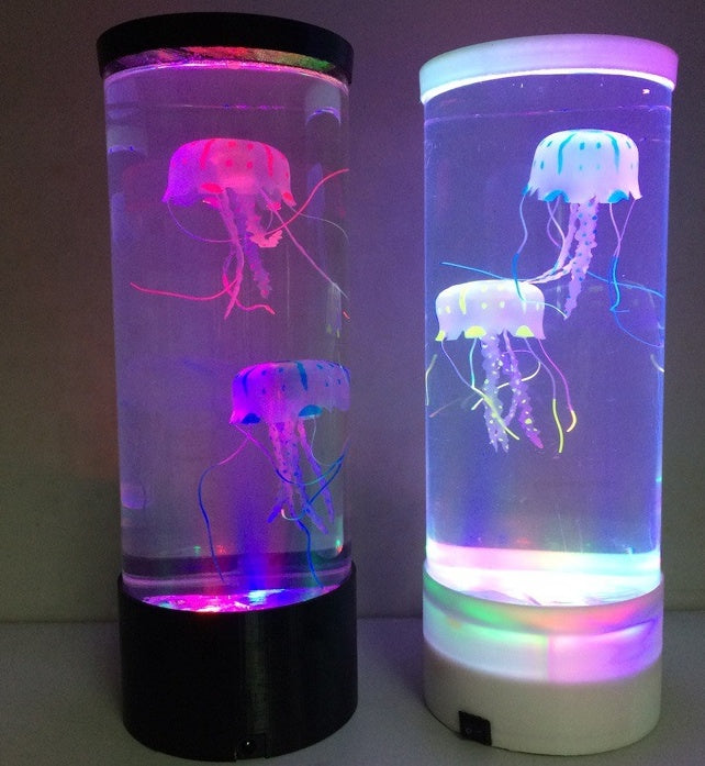 LED jellyfish aquarium night light pair with pink and blue jellyfish glow, black base
